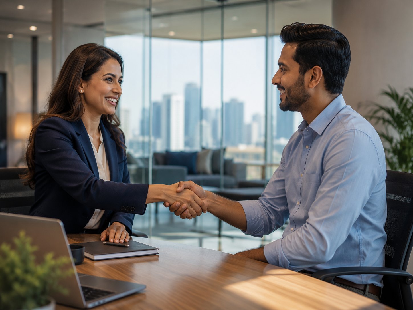 Recruiter and candidate handshake symbolizing successful placement