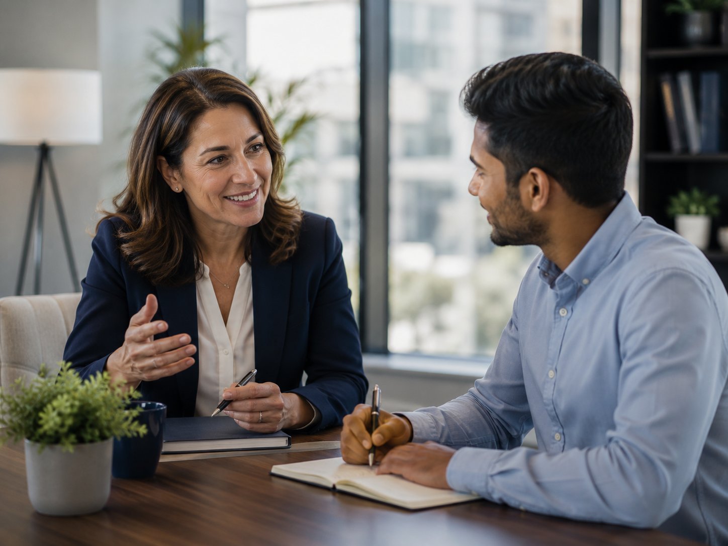 Career coach mentoring young professional in supportive session