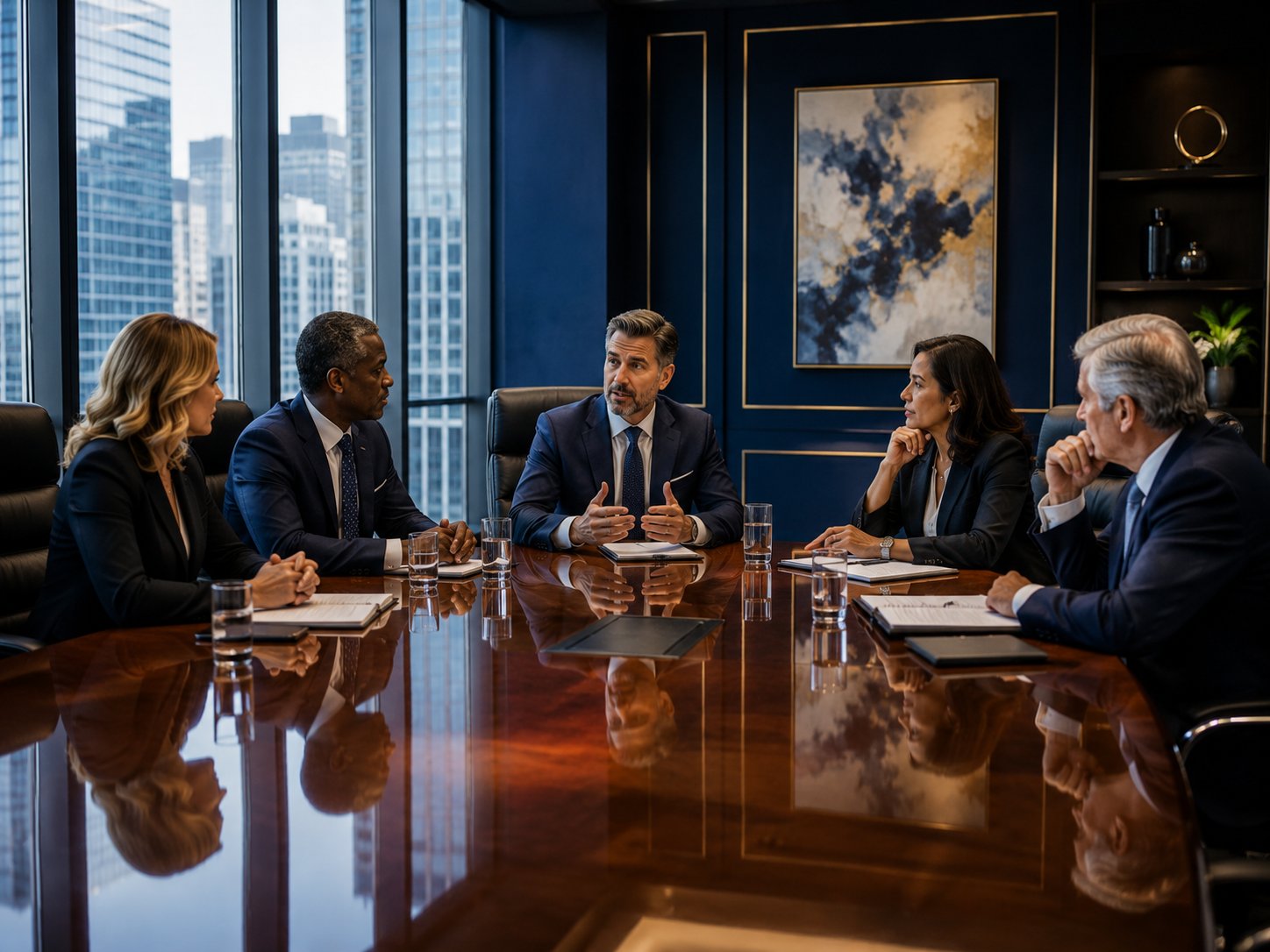 Executive boardroom search meeting with senior leaders