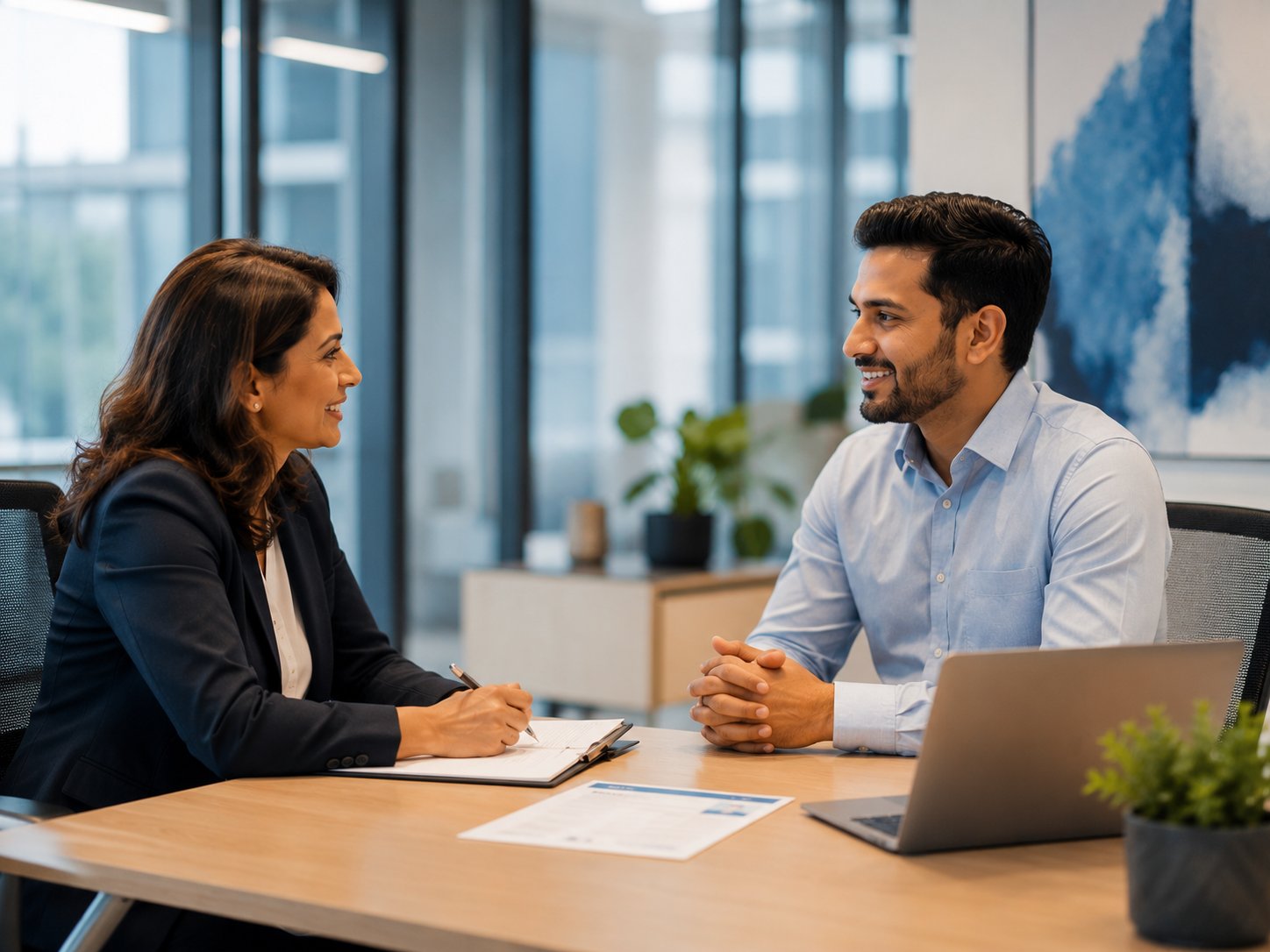 Recruitment consultant conducting interview with confident candidate